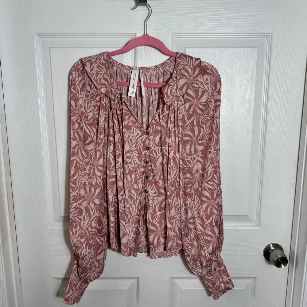 Anthropologie Pink Floral Boho Blouse Size SM Ruffle Tie Neck Peasant - Picture 4 of 13